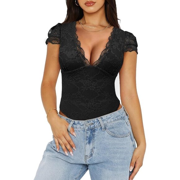 Women's Lace Bodysuit Deep V Neck Short Tank Top Double Lined Black Large
